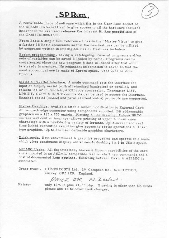 Product Leaflet for Comprocsys SP ROM for Sinclair ZX81 16K